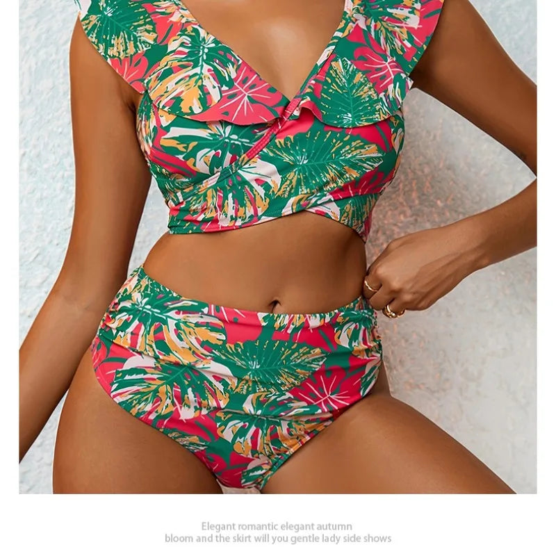 2Pcs/Set Women Bikini Set Ruffled Printed High Waist Swimsuit Backless V-Neck Top with Chest Pads Two-Piece Beachwear Swimsuit