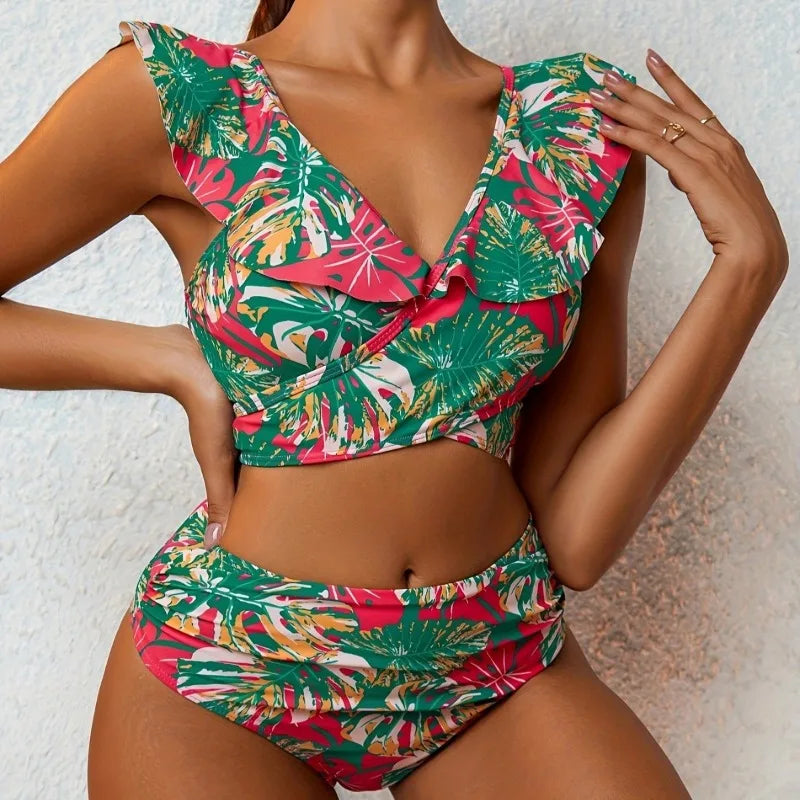 2Pcs/Set Women Bikini Set Ruffled Printed High Waist Swimsuit Backless V-Neck Top with Chest Pads Two-Piece Beachwear Swimsuit