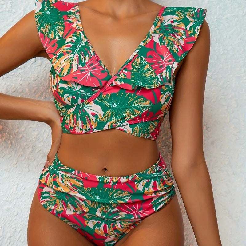 2Pcs/Set Women Bikini Set Ruffled Printed High Waist Swimsuit Backless V-Neck Top with Chest Pads Two-Piece Beachwear Swimsuit