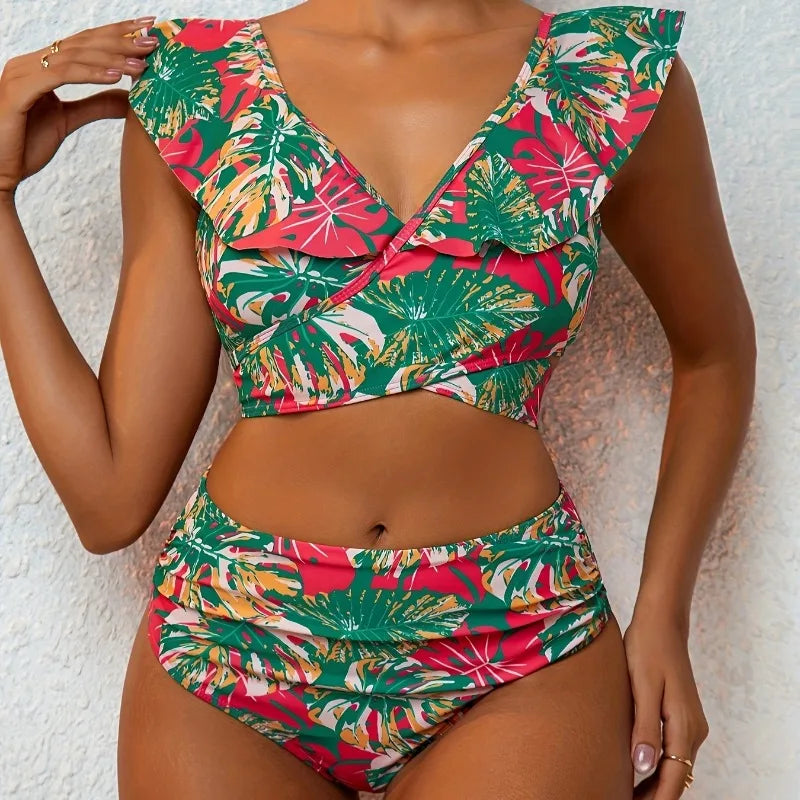 2Pcs/Set Women Bikini Set Ruffled Printed High Waist Swimsuit Backless V-Neck Top with Chest Pads Two-Piece Beachwear Swimsuit