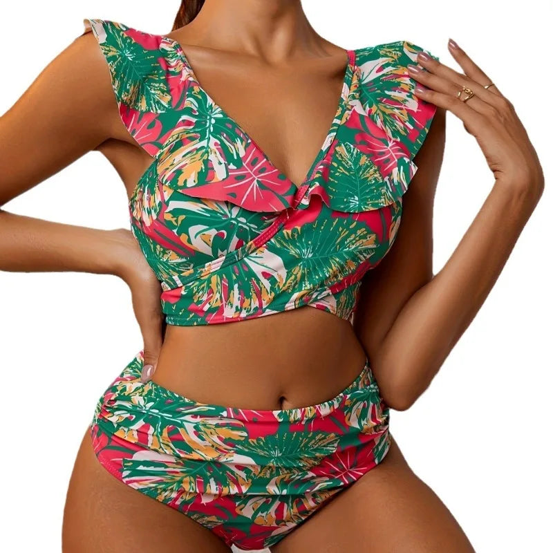 2Pcs/Set Women Bikini Set Ruffled Printed High Waist Swimsuit Backless V-Neck Top with Chest Pads Two-Piece Beachwear Swimsuit